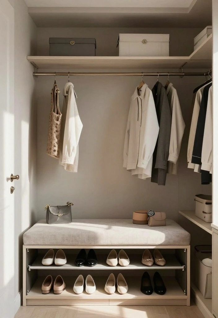 14 Small Walk In Closet Layout Ideas for Narrow Spaces 4. Multi Functional Benches for Extra Seating 0