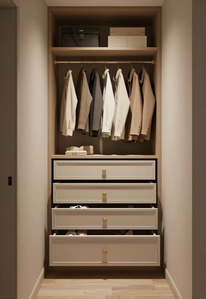 14 Small Walk In Closet Layout Ideas for Narrow Spaces 7. Drawer Units for Hidden Storage 0