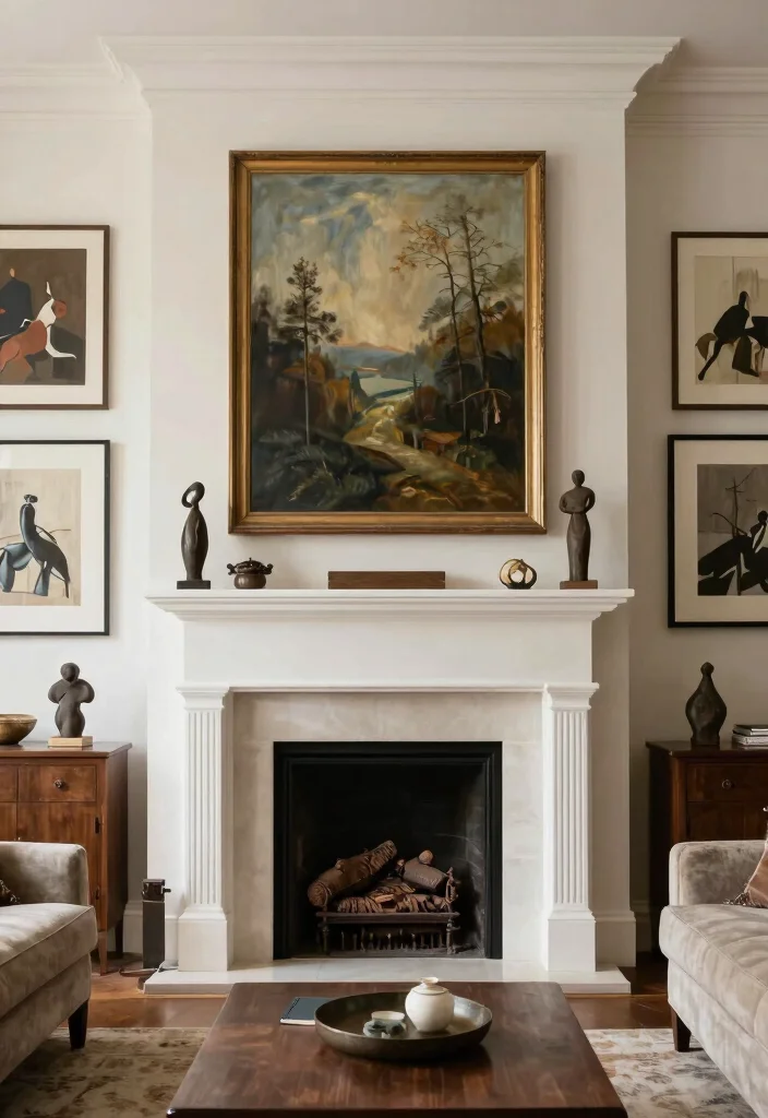 14 Two Story Fireplace Ideas That Create a Bold Focal Point 11. Combining Fireplaces with Artwork 0