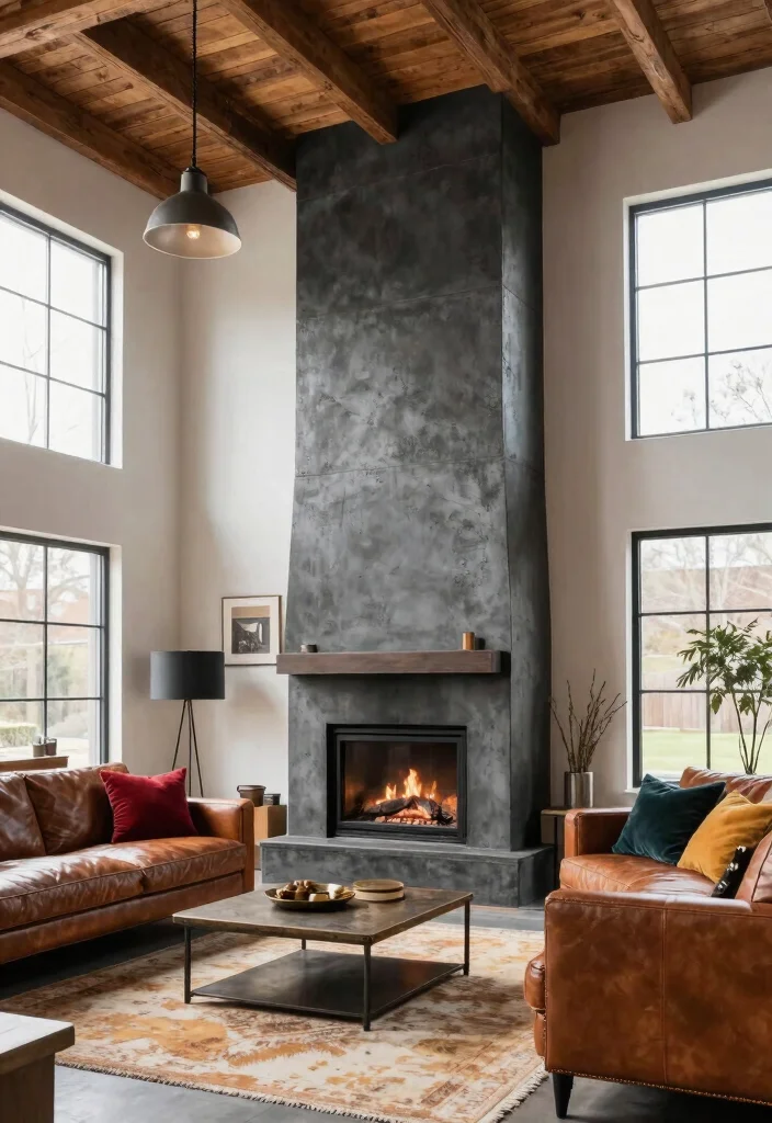 14 Two Story Fireplace Ideas That Create a Bold Focal Point 2. Industrial Chic Statement 0