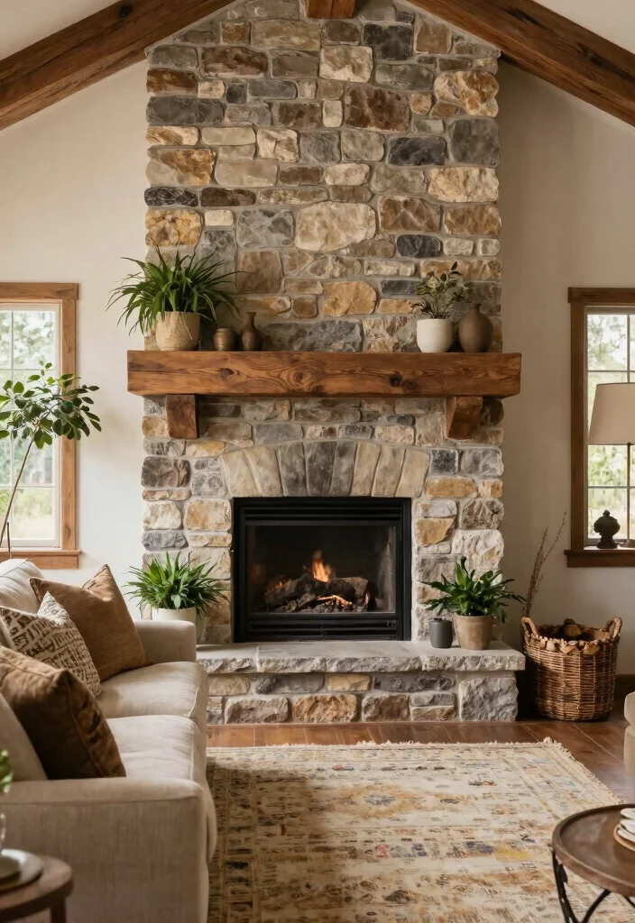 14 Two Story Fireplace Ideas That Create a Bold Focal Point 3. Rustic Stone Elegance 0