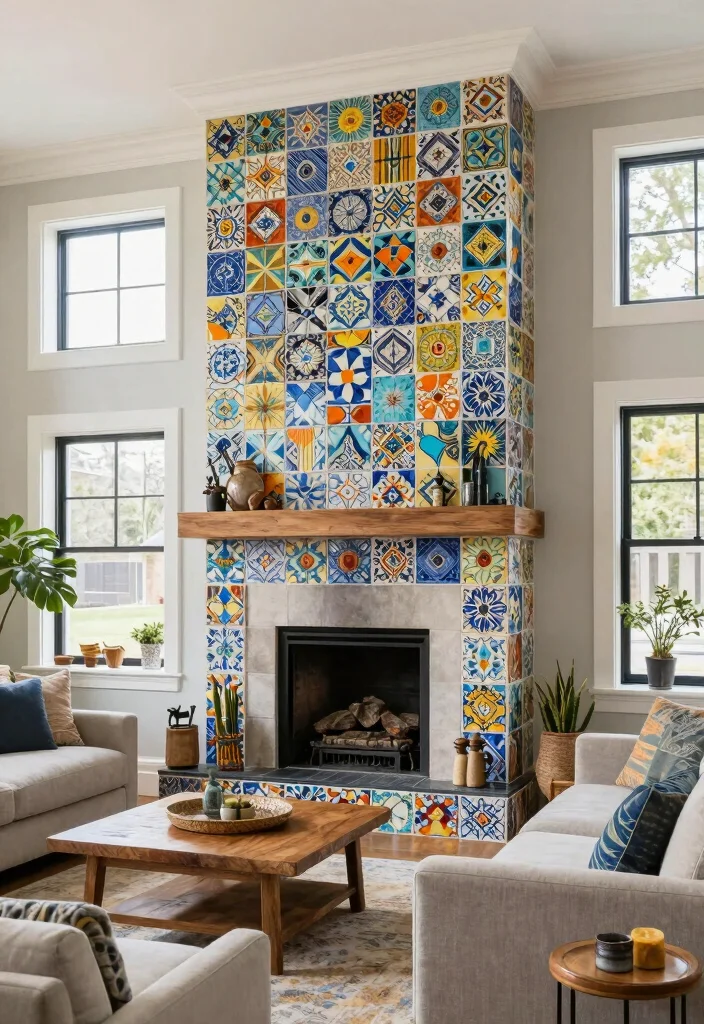 14 Two Story Fireplace Ideas That Create a Bold Focal Point 9. Artistic Tile Work 0