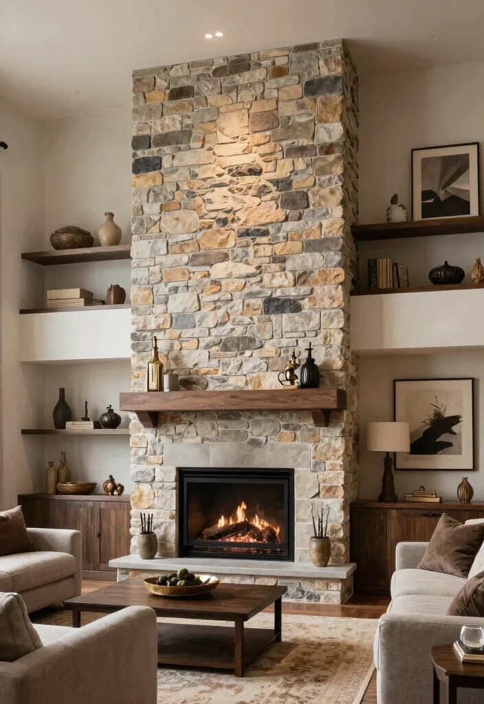 14 Two Story Fireplace Ideas with Dramatic Vertical Design 1. The Sleek Stone Facade 0