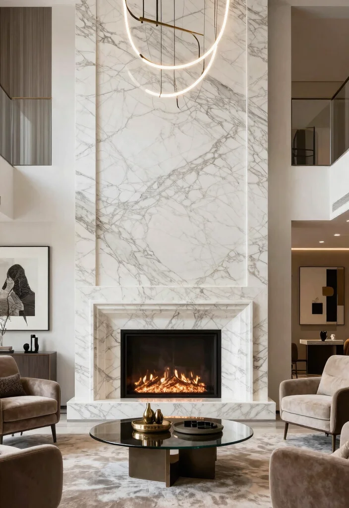14 Two Story Fireplace Ideas with Dramatic Vertical Design 13. The Luxe Marble Finish 0