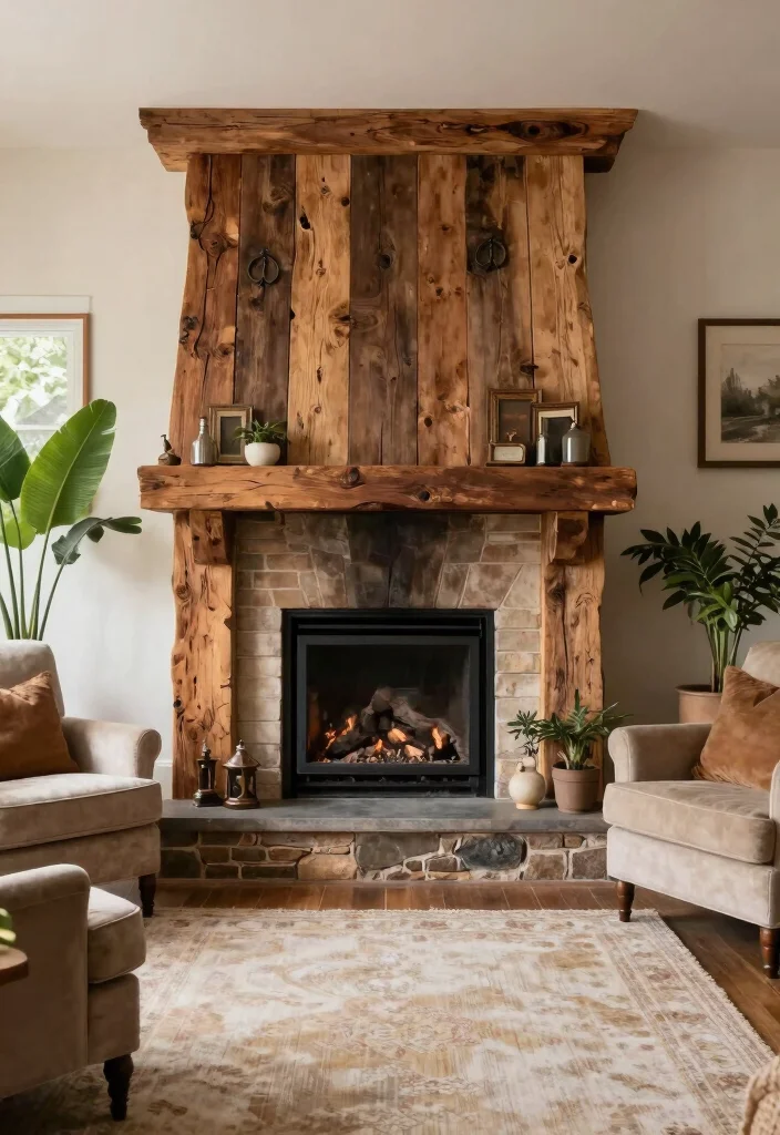 14 Two Story Fireplace Ideas with Dramatic Vertical Design 2. The Rustic Reclaimed Wood 0