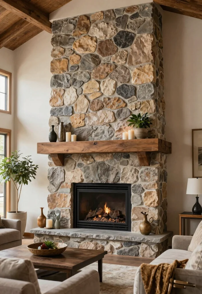 14 Two Story Fireplace Ideas with Dramatic Vertical Design 4. The Natural Stone Centerpiece 0