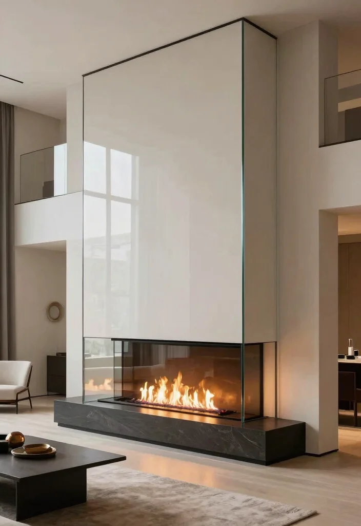 14 Two Story Fireplace Ideas with Dramatic Vertical Design 6. The Glass Enclosed Fireplace 0