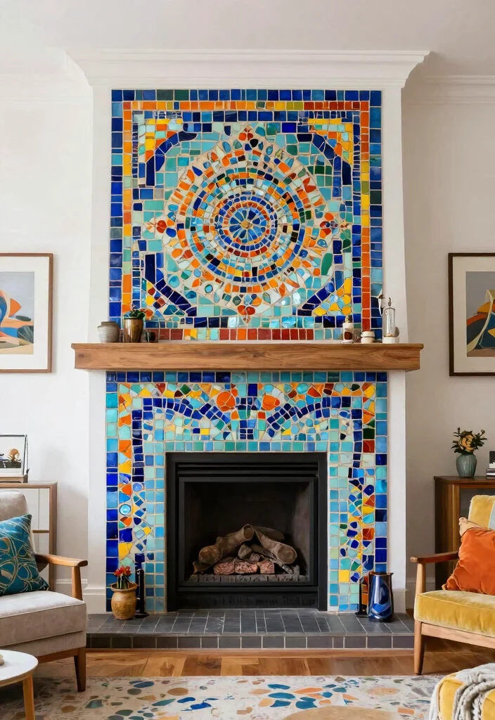 14 Two Story Fireplace Ideas with Dramatic Vertical Design 7. The Artistic Mosaic Design 0