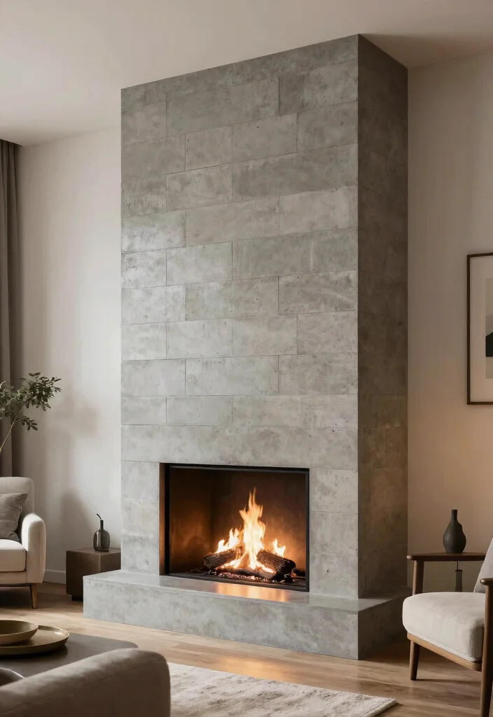 14 Two Story Fireplace Ideas with Dramatic Vertical Design 8. The Modern Concrete Block 0