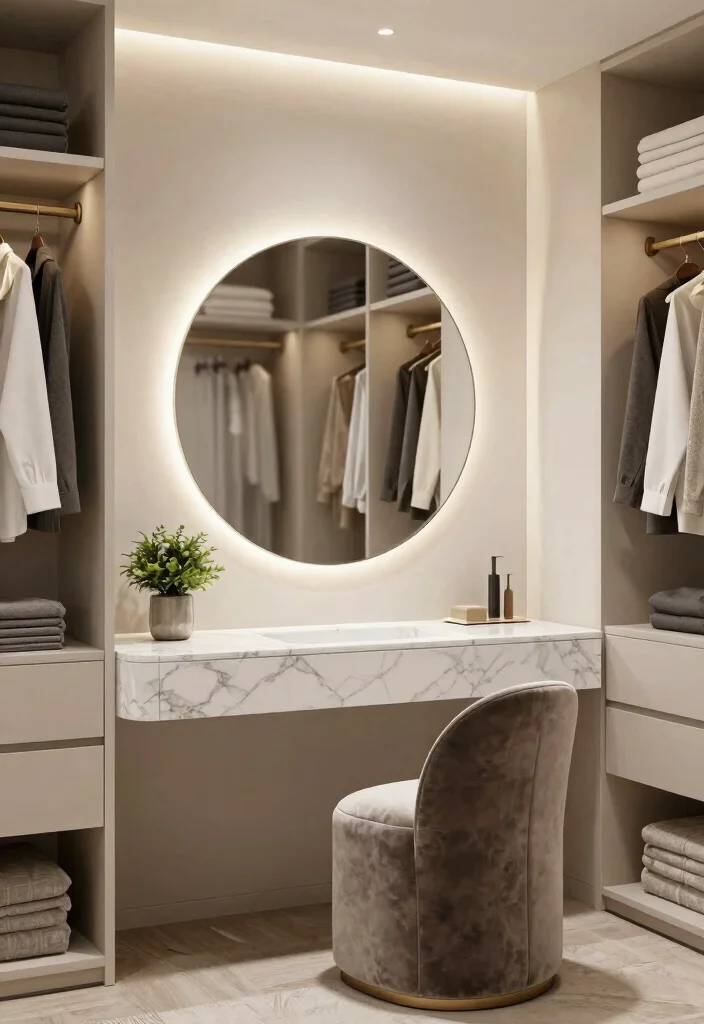 14 Walk In Closet Ideas with Vanity for Daily Dressing Comfort 1. Elegant Marble Vanity with Accent Lighting 0