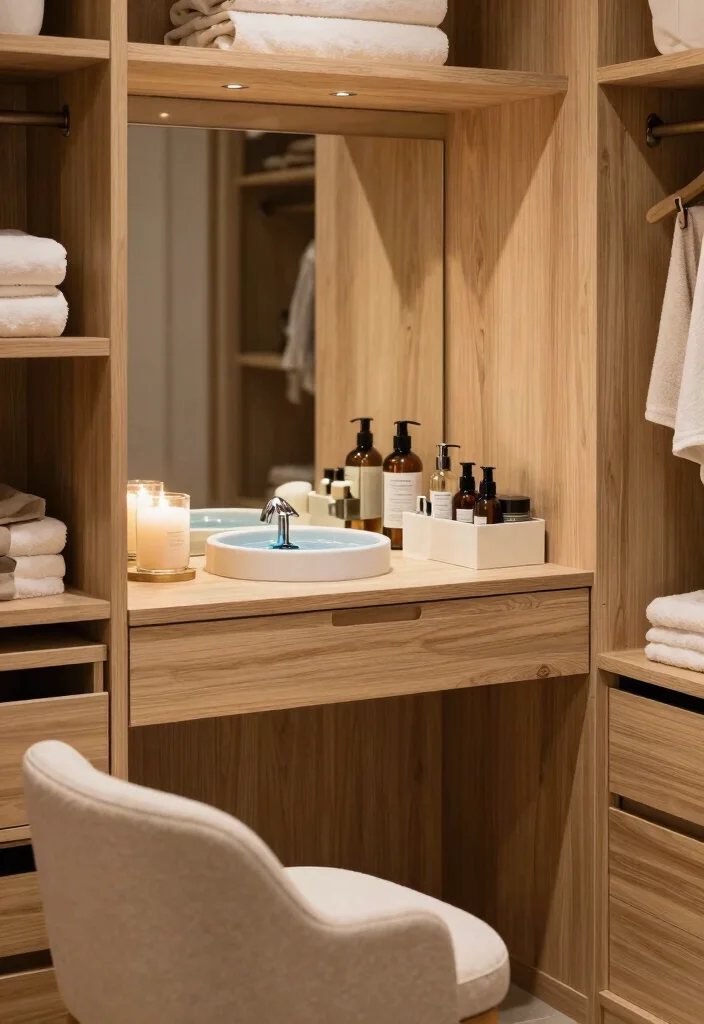 14 Walk In Closet Ideas with Vanity for Daily Dressing Comfort 10. spa inspired Vanity with Relaxing Features 0