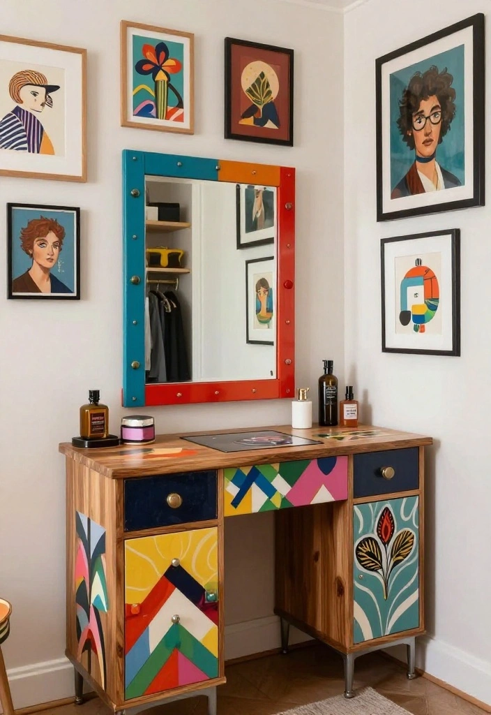 14 Walk In Closet Ideas with Vanity for Daily Dressing Comfort 11. Artistic Vanity with Custom Artwork 0