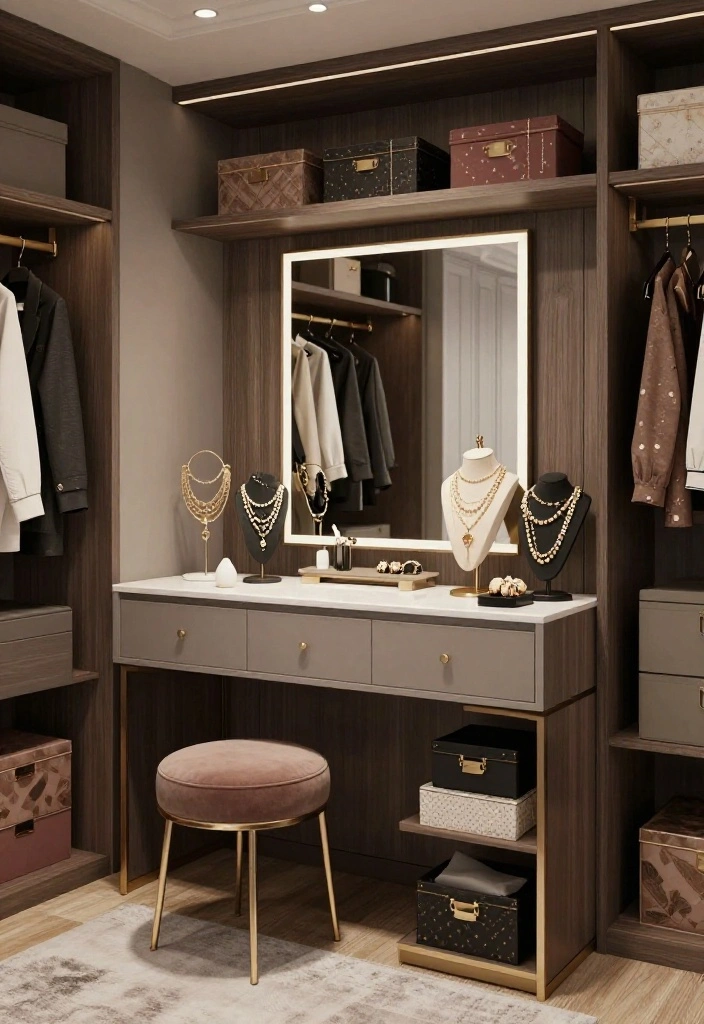 14 Walk In Closet Ideas with Vanity for Daily Dressing Comfort 13. Personal Boutique Style Vanity 0