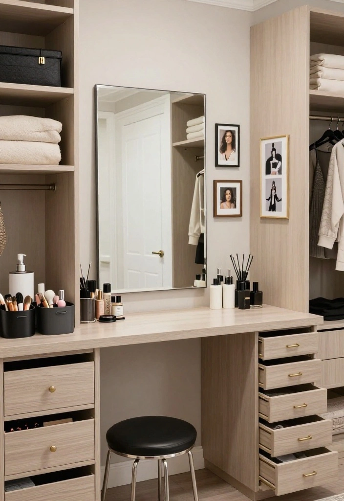 14 Walk In Closet Ideas with Vanity for Daily Dressing Comfort 14. Functional Fashionista Vanity 0