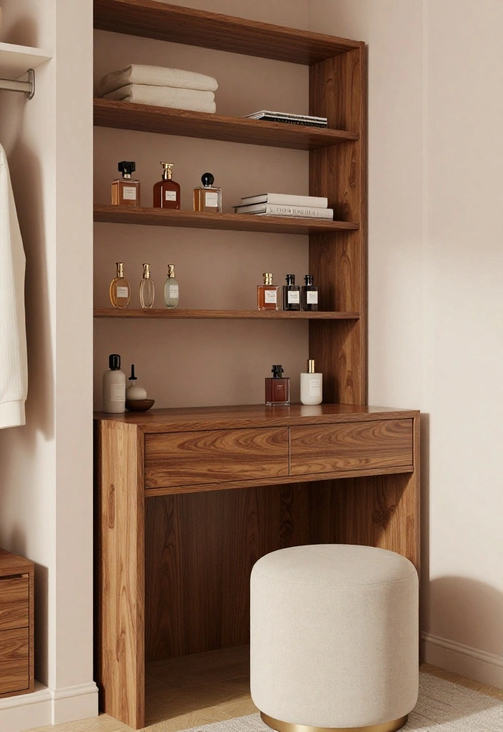 14 Walk In Closet Ideas with Vanity for Daily Dressing Comfort 2. Chic Vanity with Built in Storage Solutions 0
