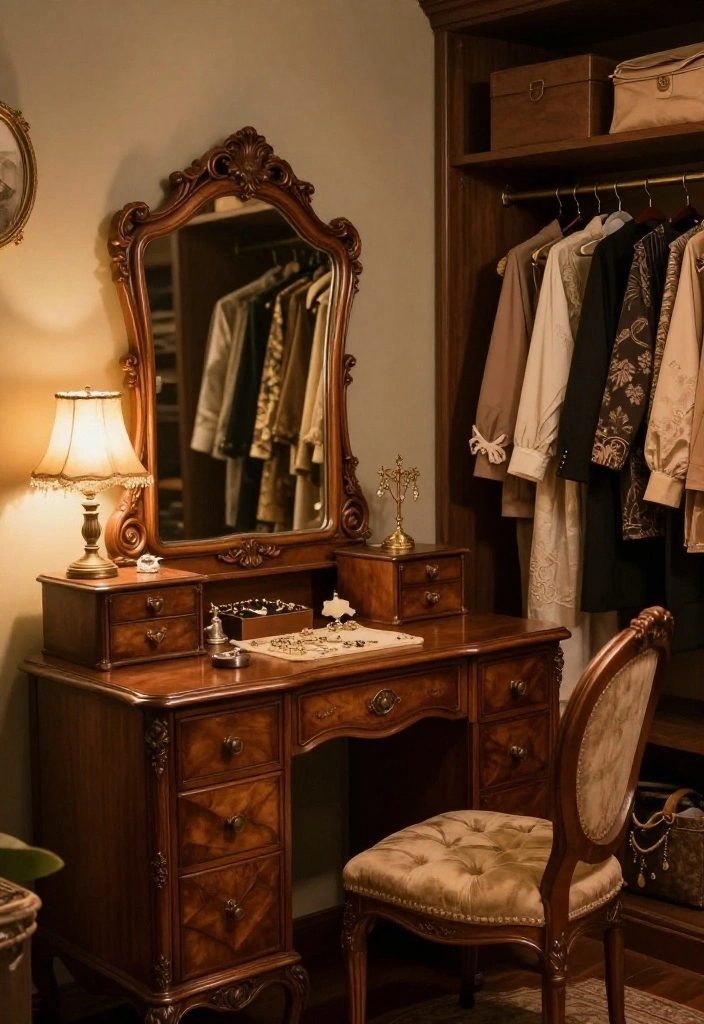 14 Walk In Closet Ideas with Vanity for Daily Dressing Comfort 3. Glamorous Vintage Inspired Vanity 0