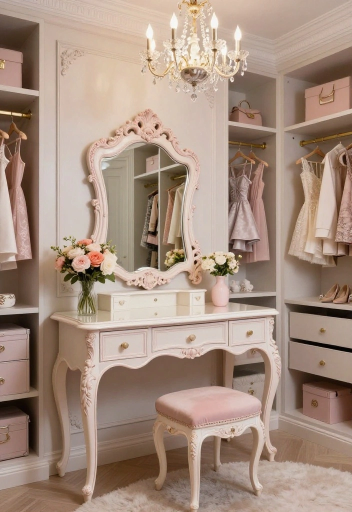 14 Walk In Closet Ideas with Vanity for Daily Dressing Comfort 5. Luxurious French Provincial Vanity 0