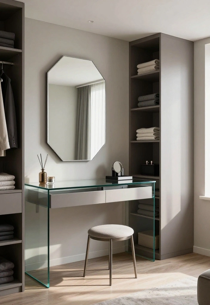 14 Walk In Closet Ideas with Vanity for Daily Dressing Comfort 6. Modern Glass and Metallic Vanity 0
