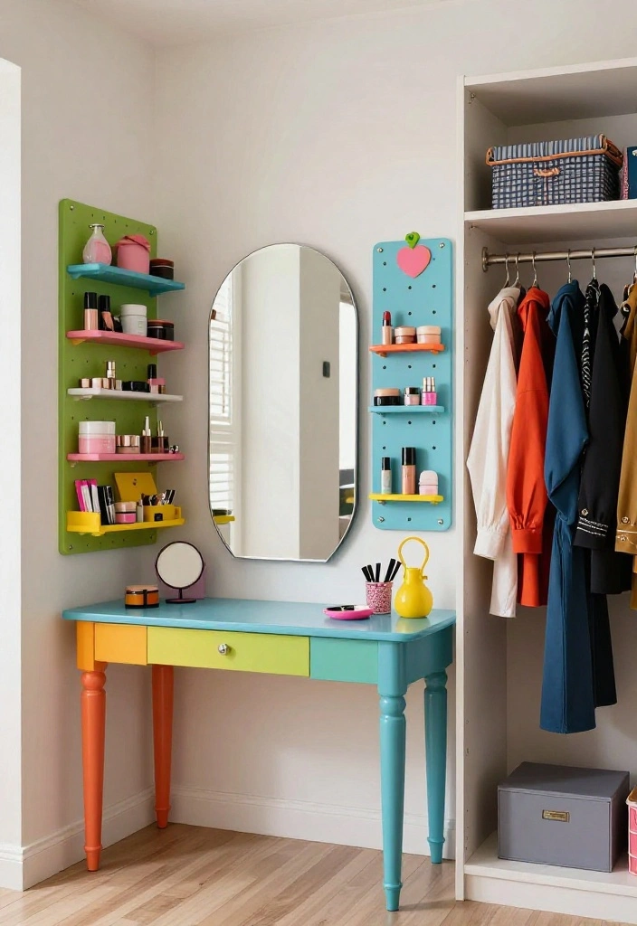 14 Walk In Closet Ideas with Vanity for Daily Dressing Comfort 8. Open Concept Vanity with Accent Colors 0