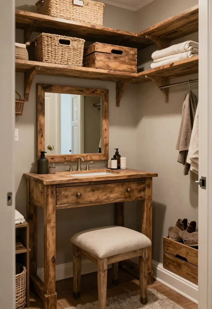 14 Walk In Closet Ideas with Vanity for Daily Dressing Comfort 9. Rustic Farmhouse Vanity with Natural Elements 0