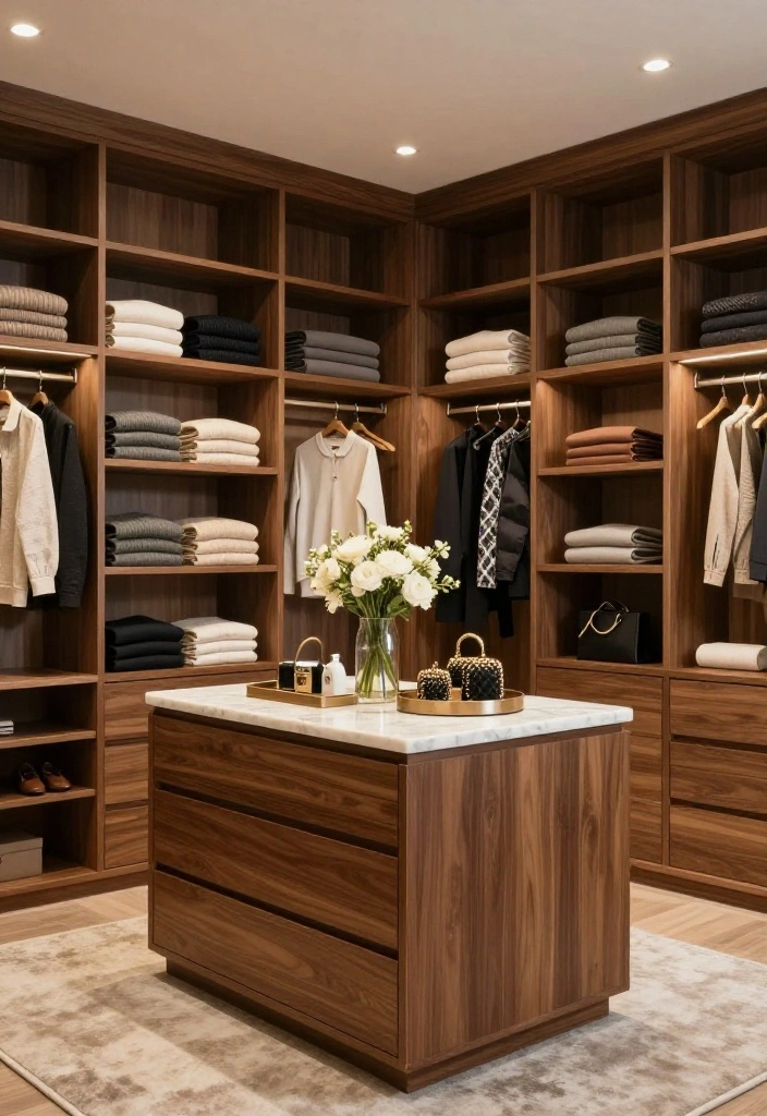 16 Bedroom Walk In Closet Ideas with Boutique Style Storage 1. Elegant Island Storage 0