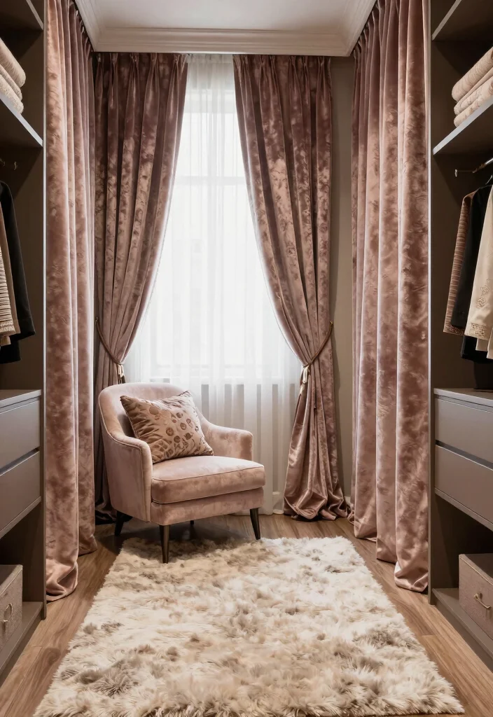 16 Bedroom Walk In Closet Ideas with Boutique Style Storage 12. Luxurious Textiles 0