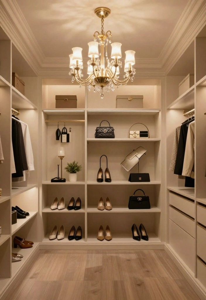 16 Bedroom Walk In Closet Ideas with Boutique Style Storage 3. Luxurious Lighting 0
