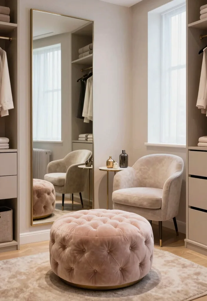 16 Bedroom Walk In Closet Ideas with Boutique Style Storage 4. Cozy Seating Area 0