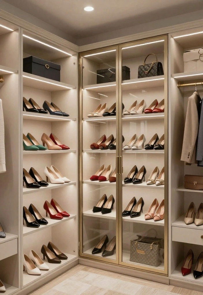 16 Bedroom Walk In Closet Ideas with Boutique Style Storage 7. Elegant Shoe Display 0