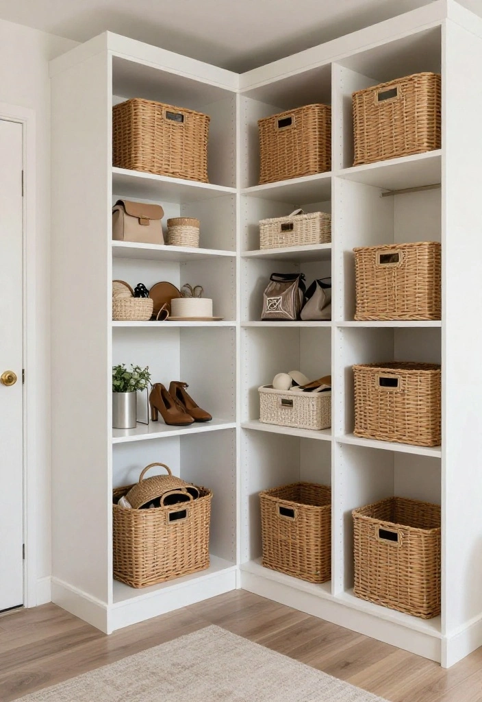 16 L Shape Walk In Closet Ideas for Efficient Layout Planning 15. Using Baskets for Clutter Control 0