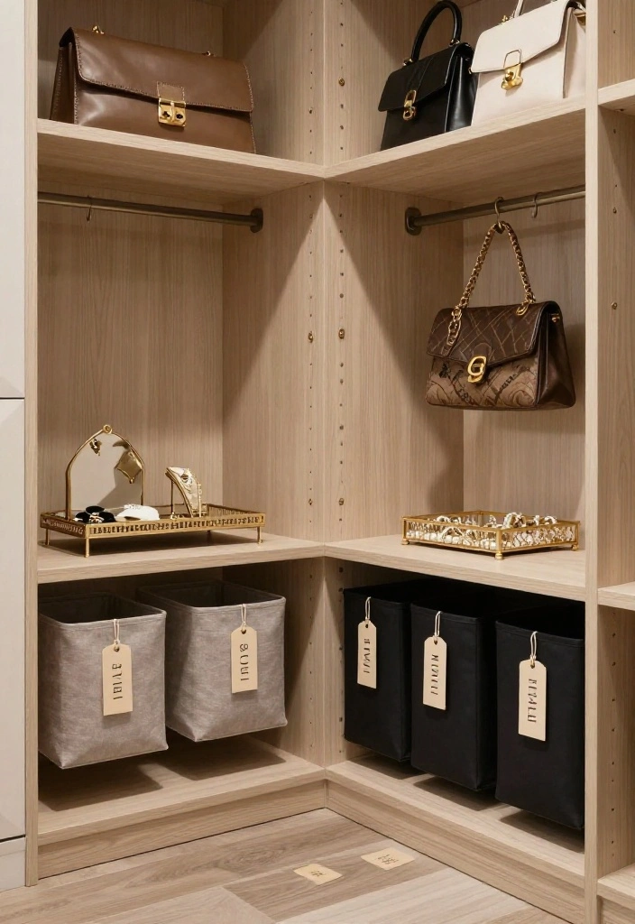 16 L Shape Walk In Closet Ideas for Efficient Layout Planning 16. Personalized Accessories and Labels 0