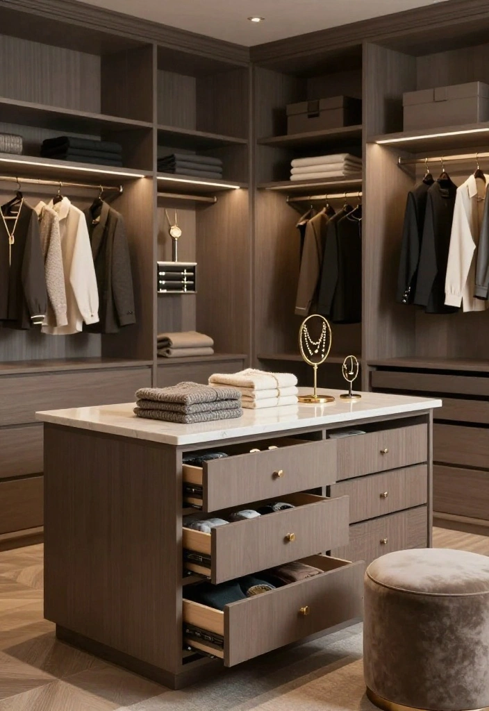 16 L Shape Walk In Closet Ideas for Efficient Layout Planning 2. Dual Purpose Island for More Storage 0