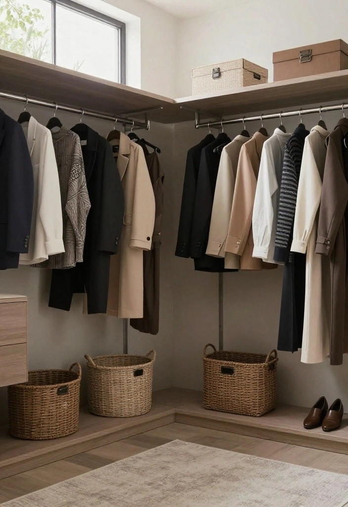 16 L Shape Walk In Closet Ideas for Efficient Layout Planning 3. Open Hanging Rods for Visibility 0
