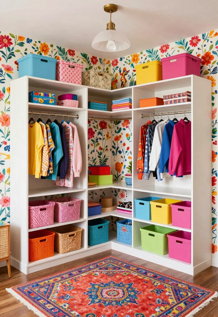 16 L Shape Walk In Closet Ideas for Efficient Layout Planning 5. Bright Colors and Patterns for an Energizing Vibe 0