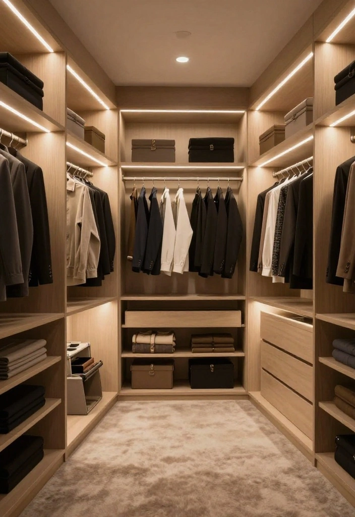 16 L Shape Walk In Closet Ideas for Efficient Layout Planning 7. Integrated Lighting for a Luxurious Feel 0