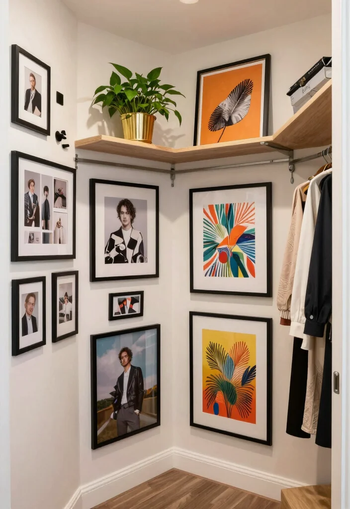 16 L Shape Walk In Closet Ideas for Efficient Layout Planning 8. Personal Touch with Artwork and Decor 0