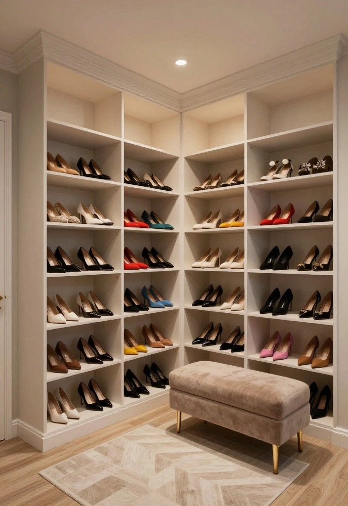 16 L Shape Walk In Closet Ideas for Efficient Layout Planning 9. Built In Shoe Racks for Style and Efficiency 0