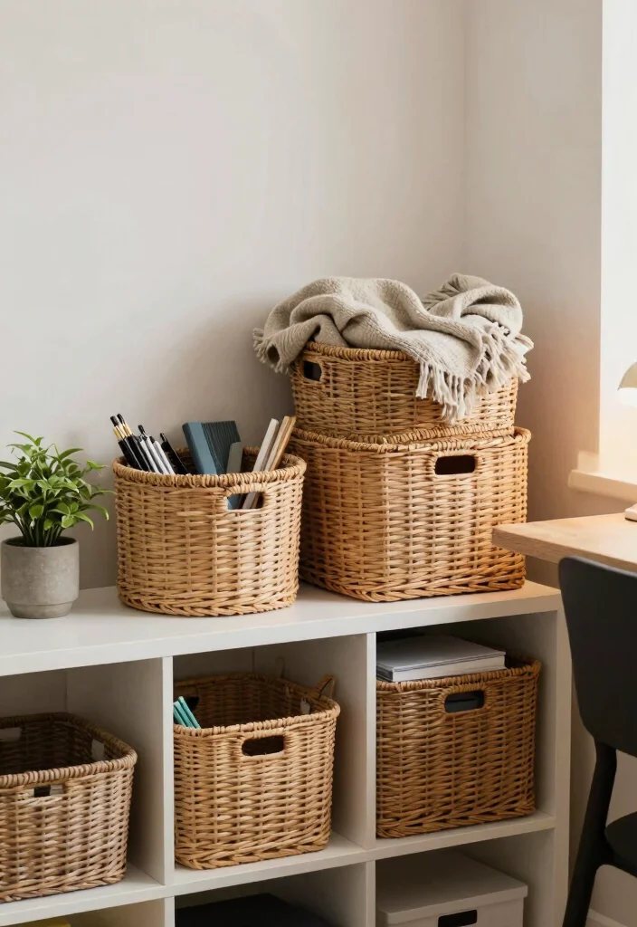 16 Office Storage Ideas for Small Spaces That Stay Organized 14. Baskets and Bins 0