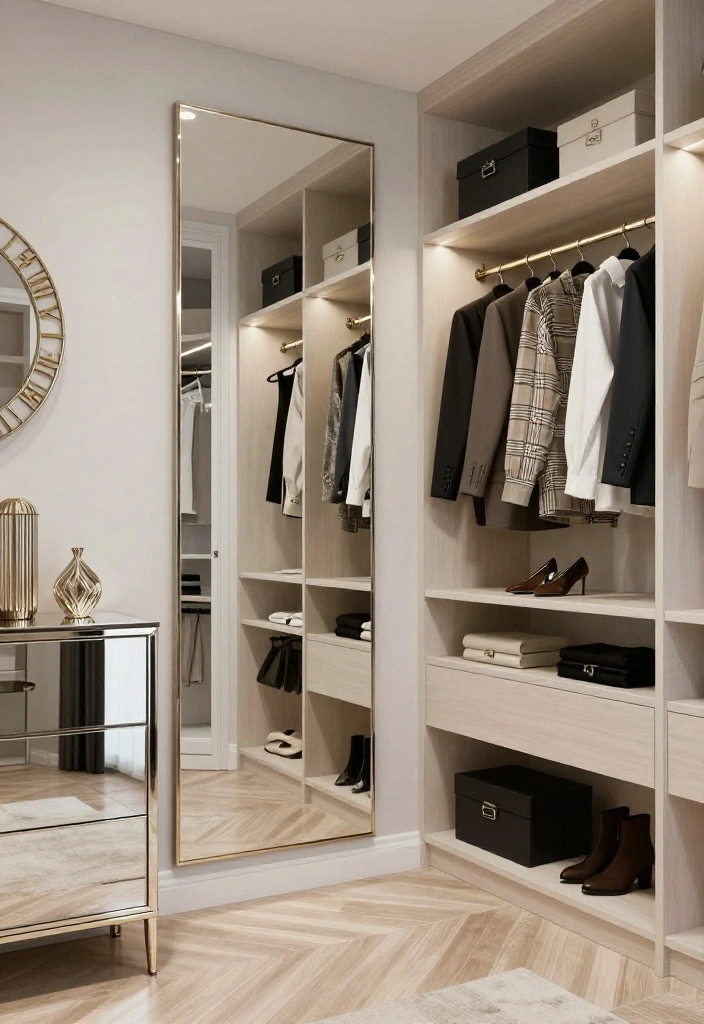 16 Walk in Closet Ideas Master Suite with Calm Luxury Organization 10. Mirrors for Depth and Illumination 0