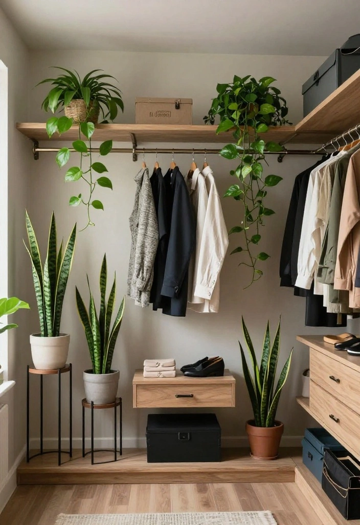 16 Walk in Closet Ideas Master Suite with Calm Luxury Organization 13. Incorporating Nature with Indoor Plants 0
