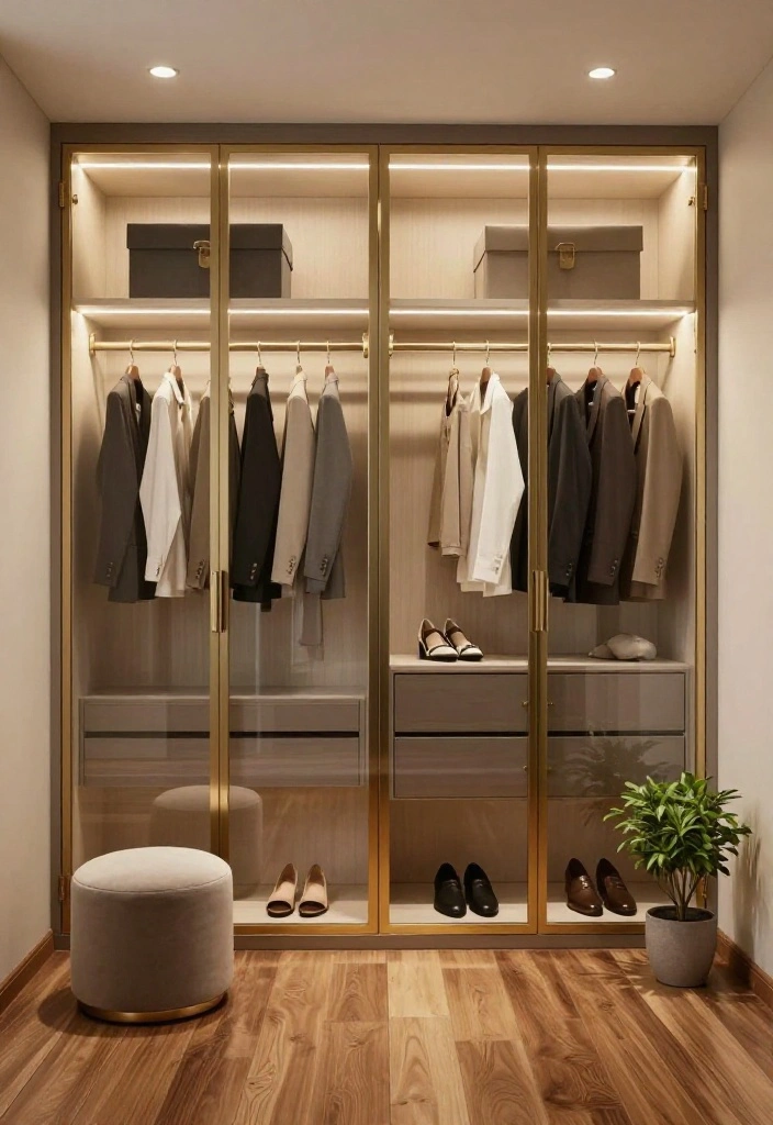 16 Walk in Closet Ideas Master Suite with Calm Luxury Organization 2. Elegant Glass Doors for Visibility and Style 0